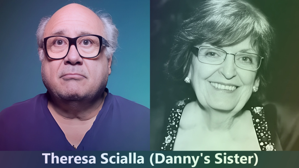 A vintage family photograph of Theresa Scialla with her brother, Danny DeVito, and their close family members.