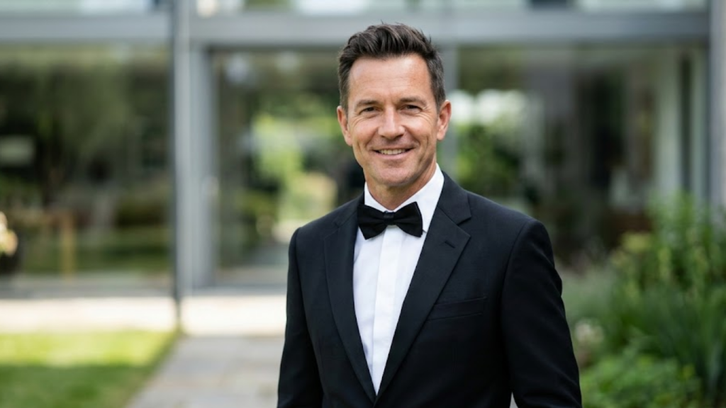 Derek Tisdelle posing in a professional suit at a red carpet event.