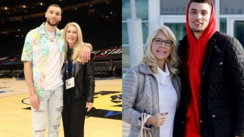 NBA star Zach LaVine posing happily with his mother, Cheryl Johnson-LaVine, in a two-photo collage.