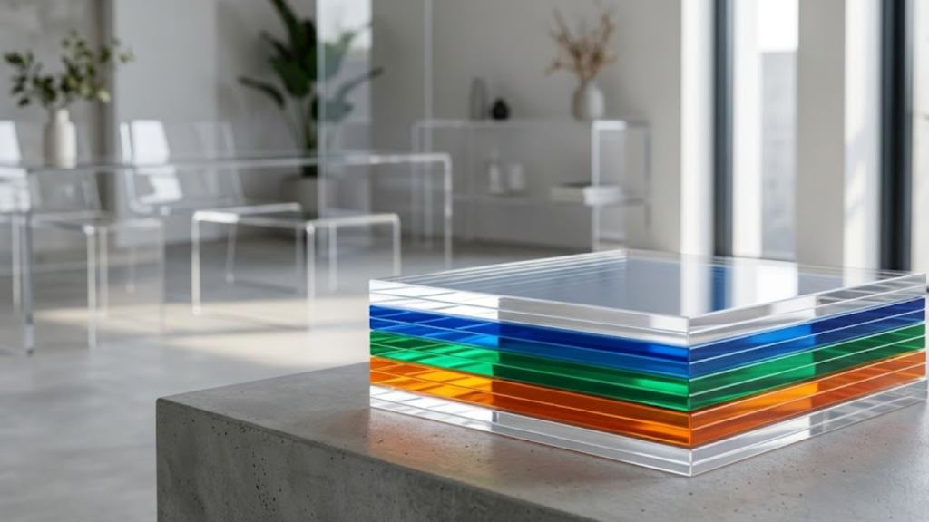 Stacked transparent and colored Akrylika sheets showing light transmission.