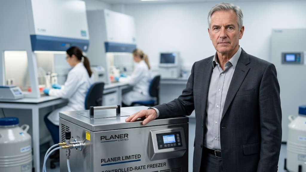 An artistic representation of Geoffrey Planer in a professional laboratory setting, highlighting his decades-long commitment to cryopreservation technology at Planer Limited.