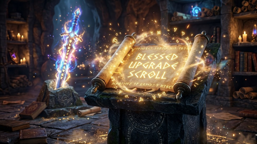 A magical Blessed Upgrade Scroll used for equipment enhancement in RPG games.