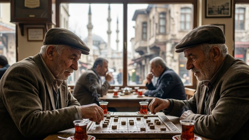 Two men playing the traditional Çbiri strategy board game in a Turkish tea house.