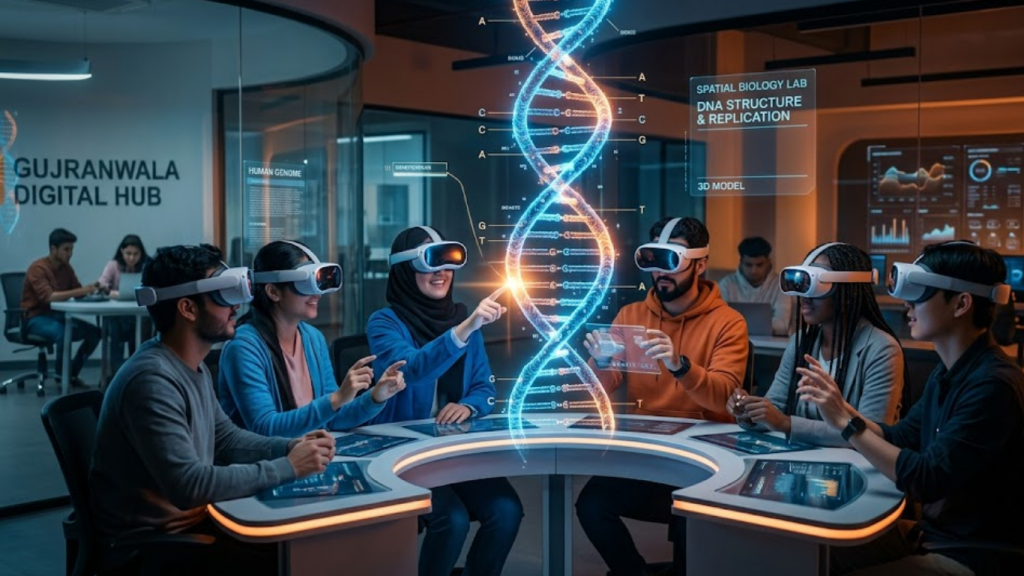 Students using Edivawer VR headsets to interact with a 3D DNA model in a spatial learning environment.