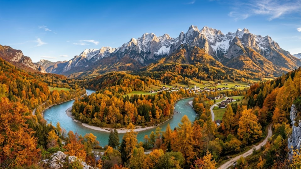 Panoramic view of the Enns River winding through the Gesäuse mountains in Enntal, Austria.