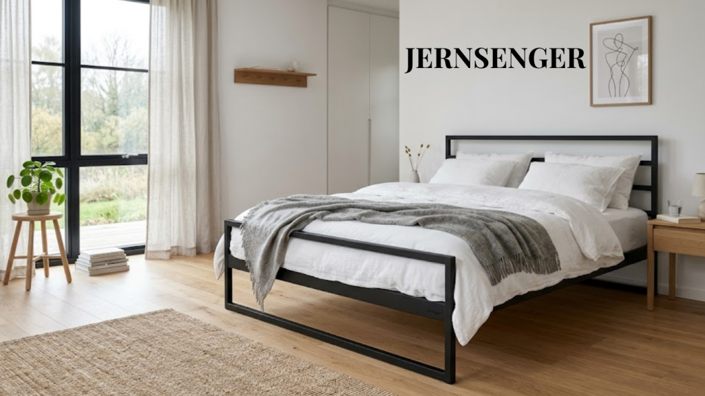 A minimalist Scandinavian iron bed (Jernsenger) in a modern bedroom setting.