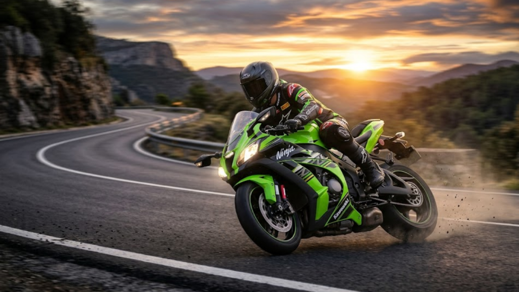 Kawasaki Ninja sportbike speeding on a mountain road representing the Cavazaque spirit.
