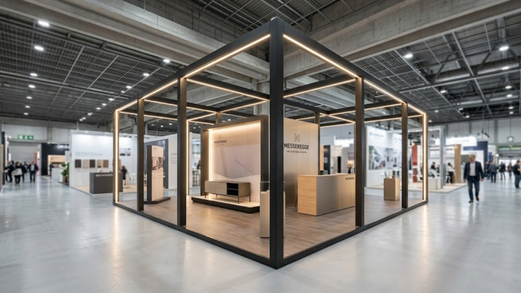 Modern trade show booth featuring clean messeregge framing and integrated LED lighting.