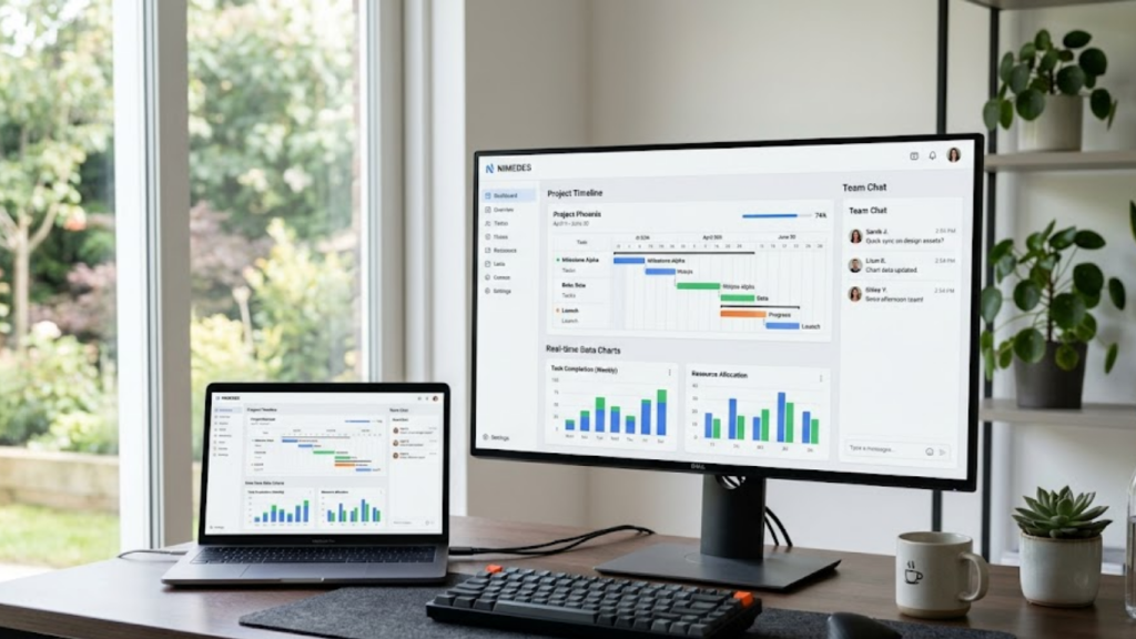 The Nimedes unified digital workspace dashboard showing project management and real-time analytics on a monitor.