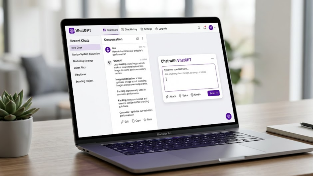 VhatGPT AI conversational platform interface on a modern laptop.